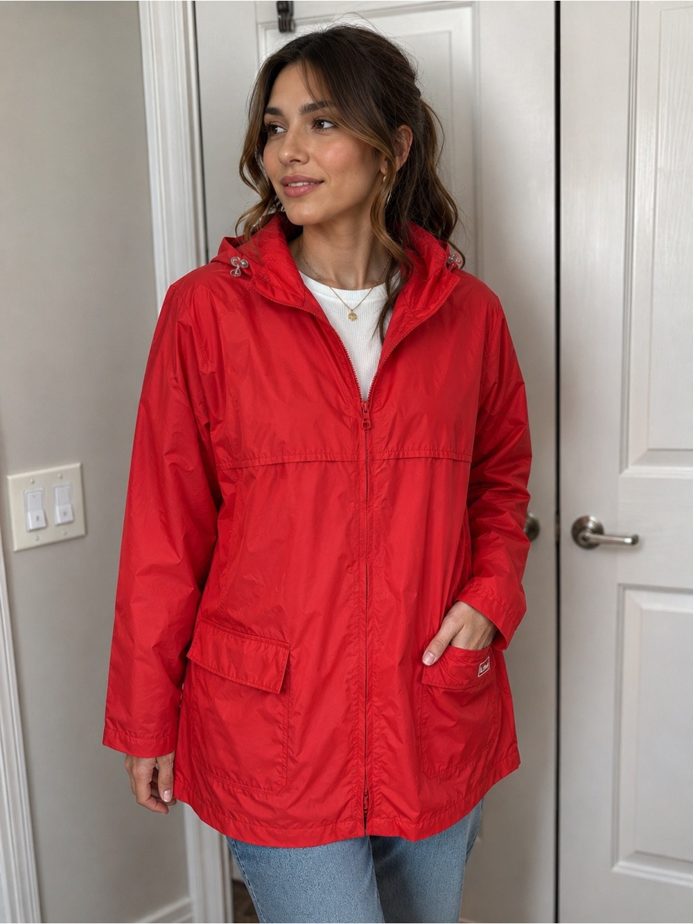 L.L.Bean Coral Hooded Rain Jacket Petite Small Waterproof